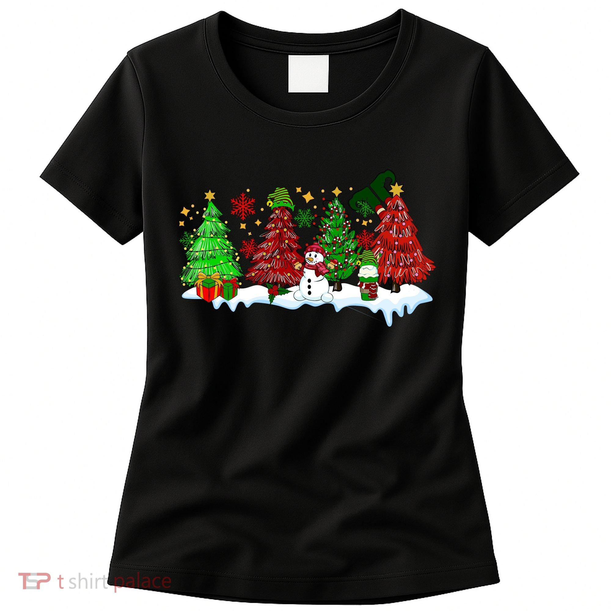 Funny Christmas Elf In Tree With Snowman Scene Women's T-Shirt