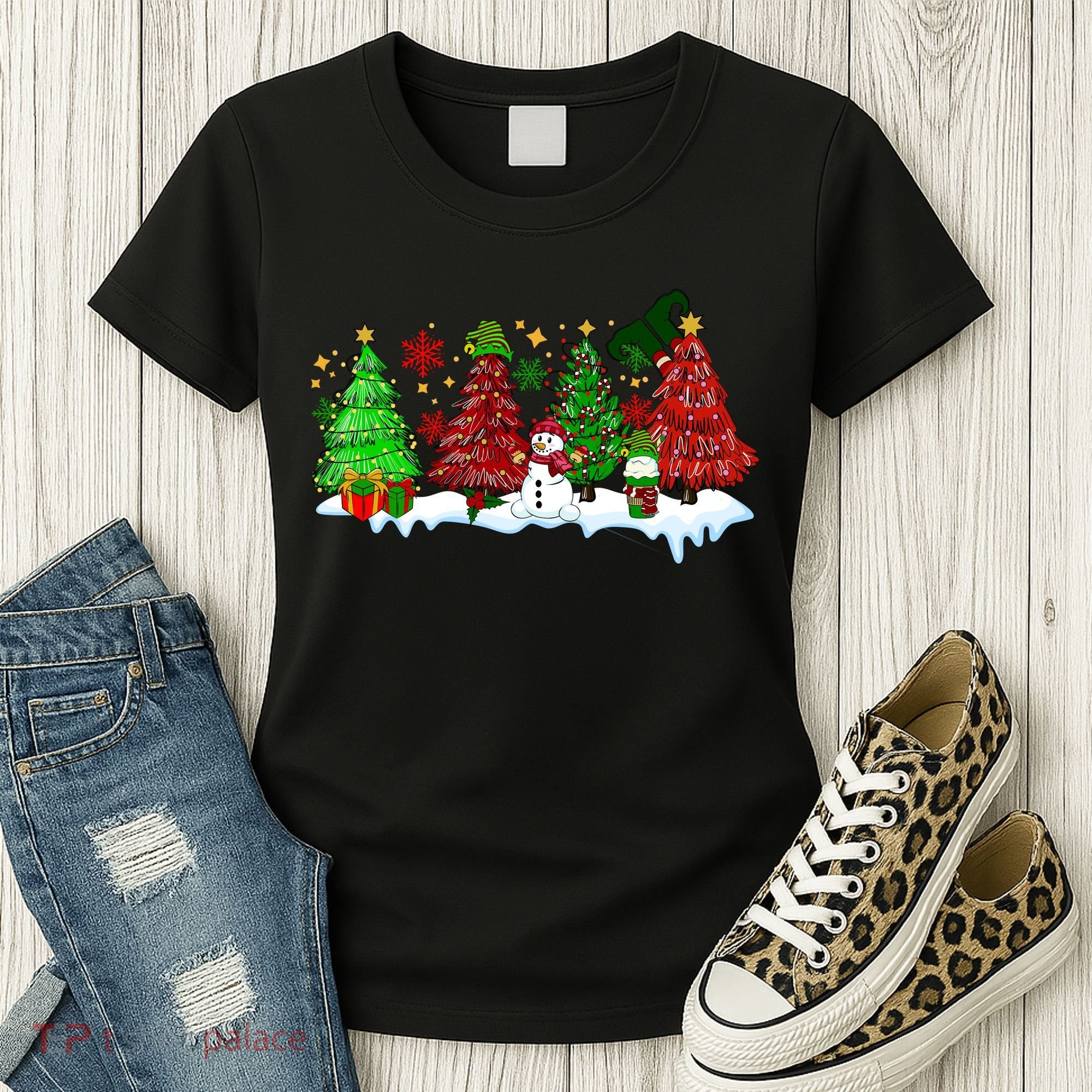 Funny Christmas Elf In Tree With Snowman Scene Women's T-Shirt