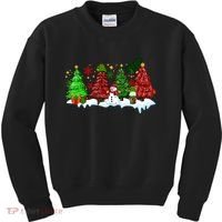 Funny Christmas Elf In Tree With Snowman Scene Kids Sweatshirt thumb 0