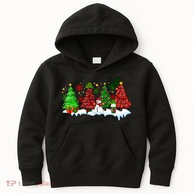 Funny Christmas Elf In Tree With Snowman Scene Kids Hoodie