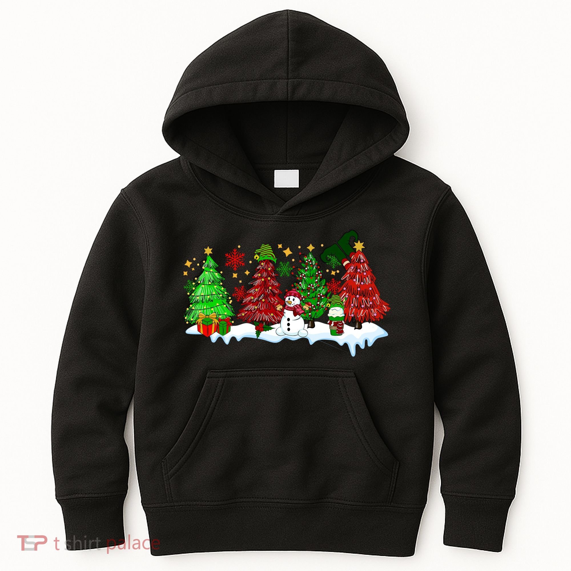 Funny Christmas Elf In Tree With Snowman Scene Kids Hoodie