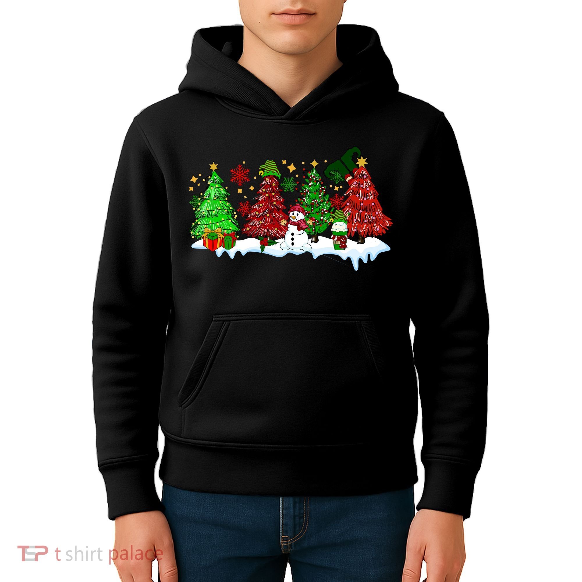 Funny Christmas Elf In Tree With Snowman Scene Kids Hoodie