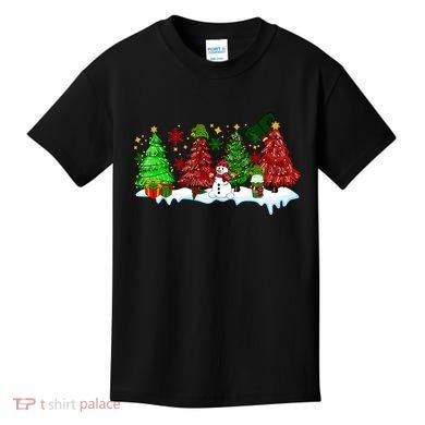 Funny Christmas Elf In Tree With Snowman Scene Kids T-Shirt
