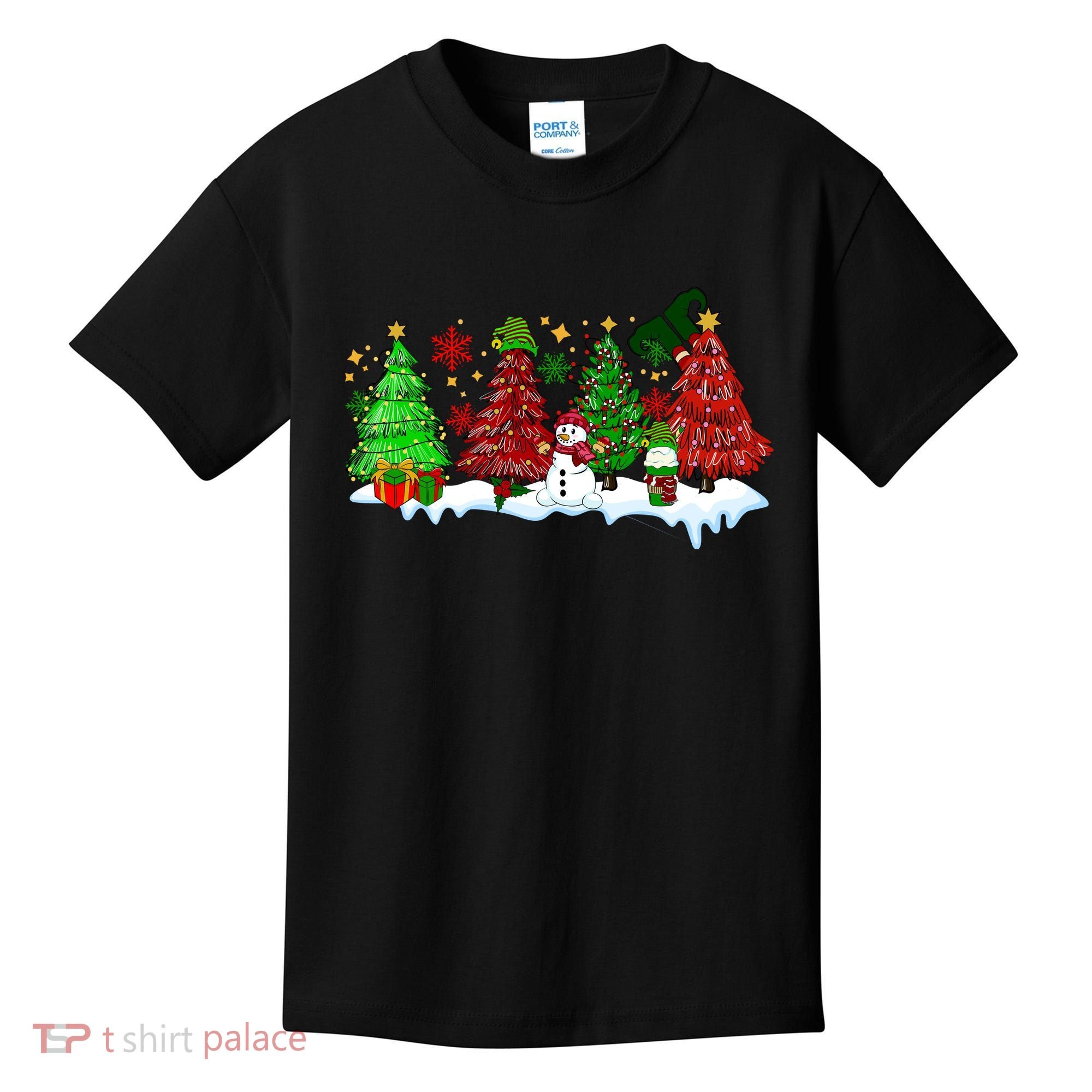Funny Christmas Elf In Tree With Snowman Scene Kids T-Shirt