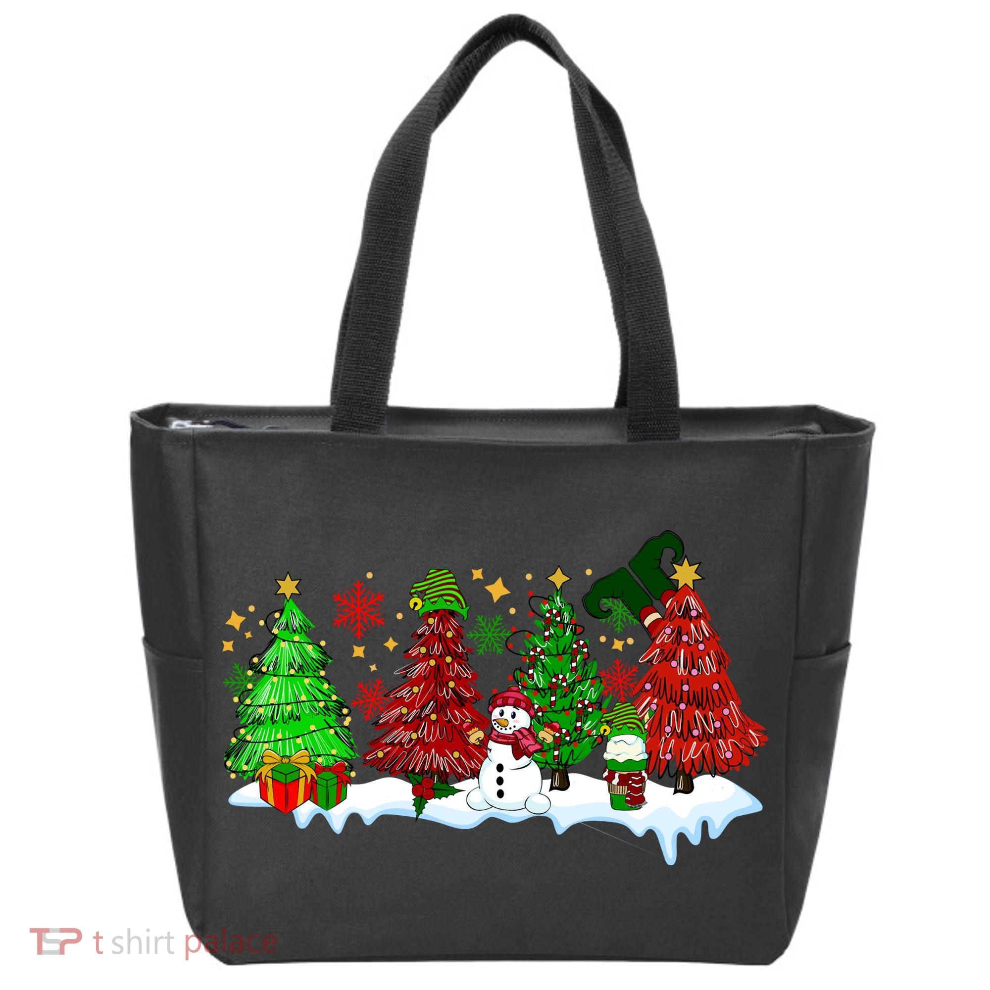 Funny Christmas Elf In Tree With Snowman Scene Tote Bag