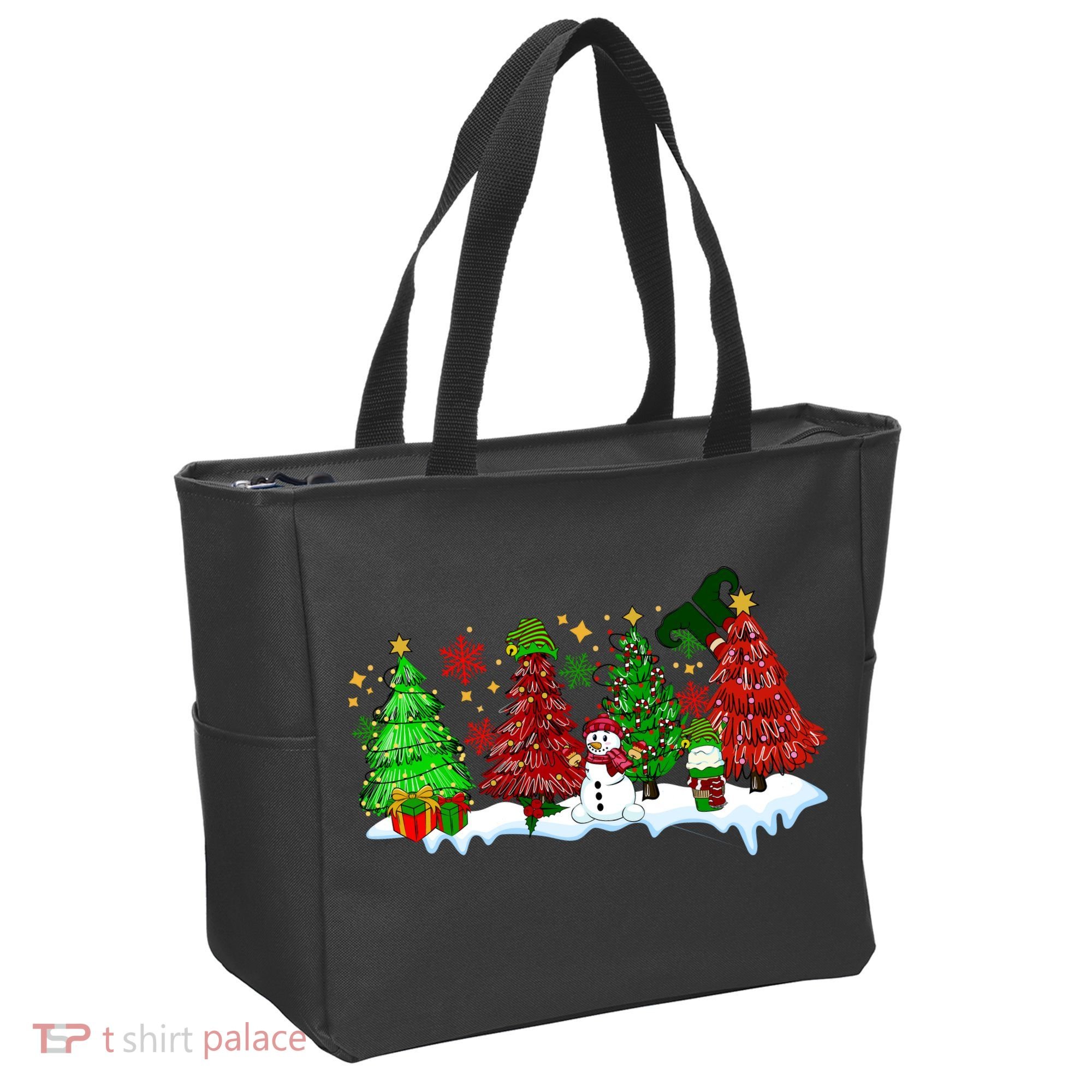 Funny Christmas Elf In Tree With Snowman Scene Tote Bag