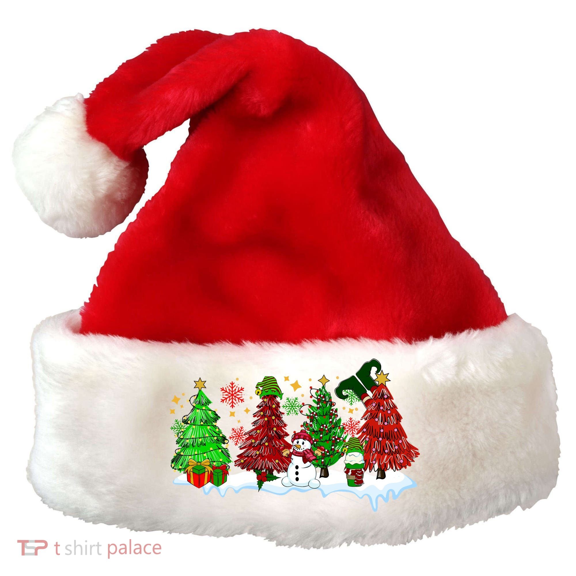 Funny Christmas Elf In Tree With Snowman Scene Santa Hat