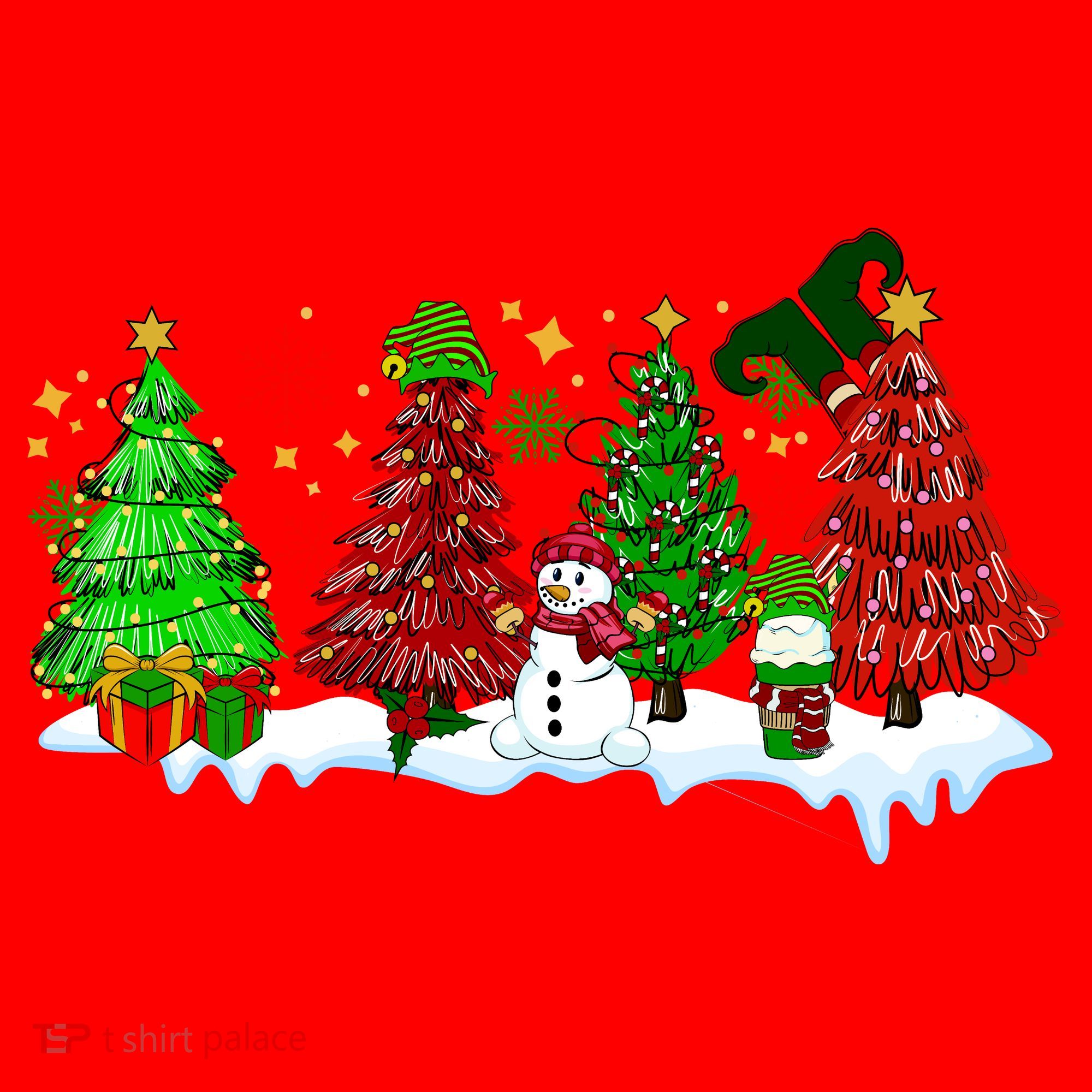 Funny Christmas Elf In Tree With Snowman Scene Santa Hat