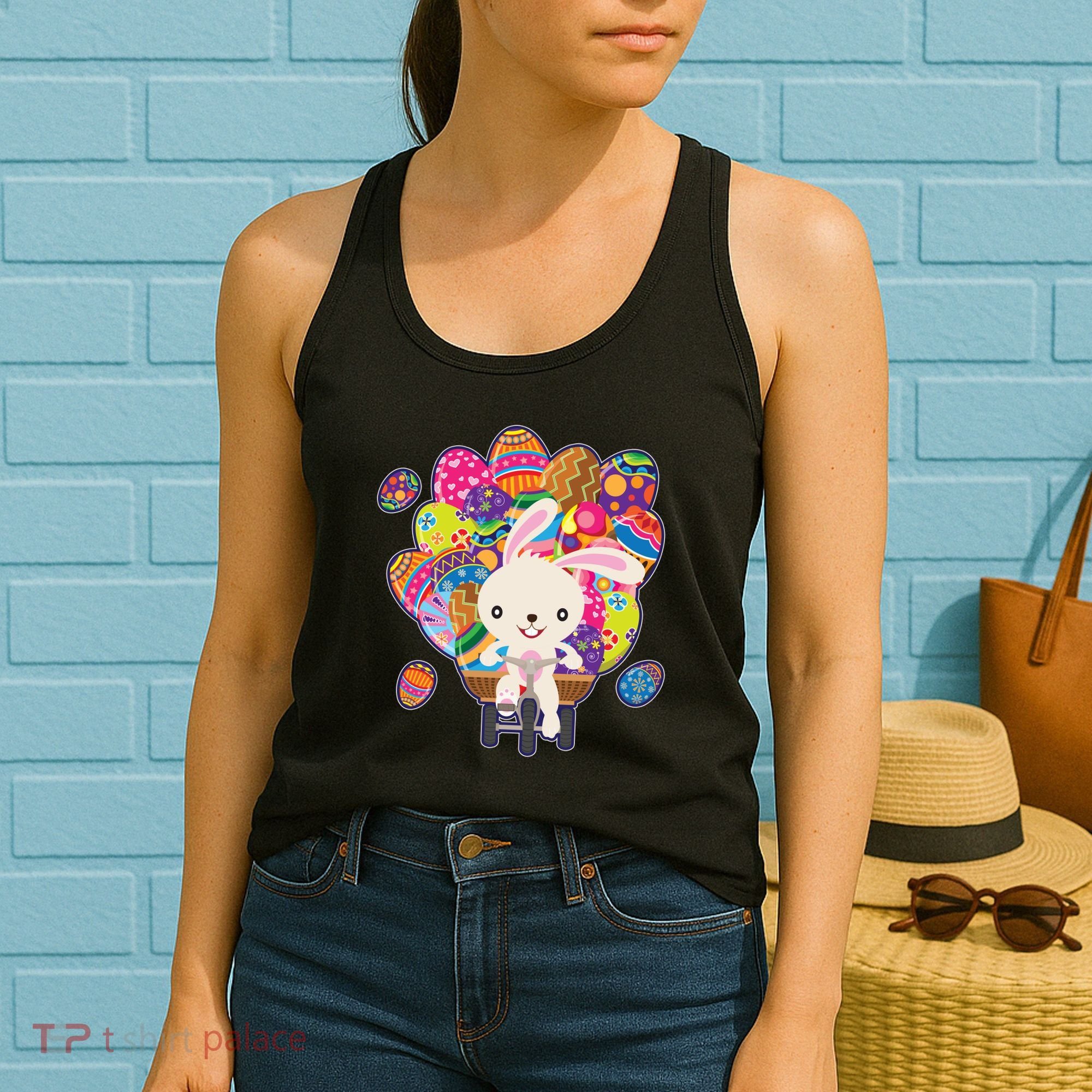 Funny Cute Easter Bunny On Bike Delivering Easter Eggs Women's Tank Top