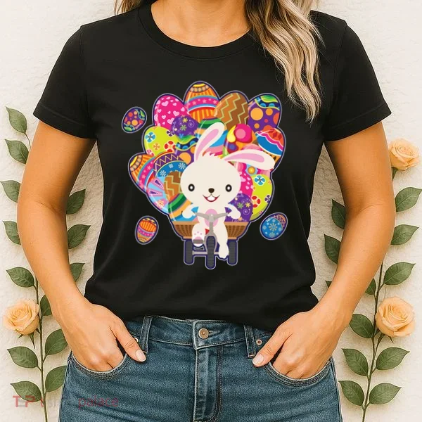 Funny Cute Easter Bunny On Bike Delivering Easter Eggs Women's T-Shirt