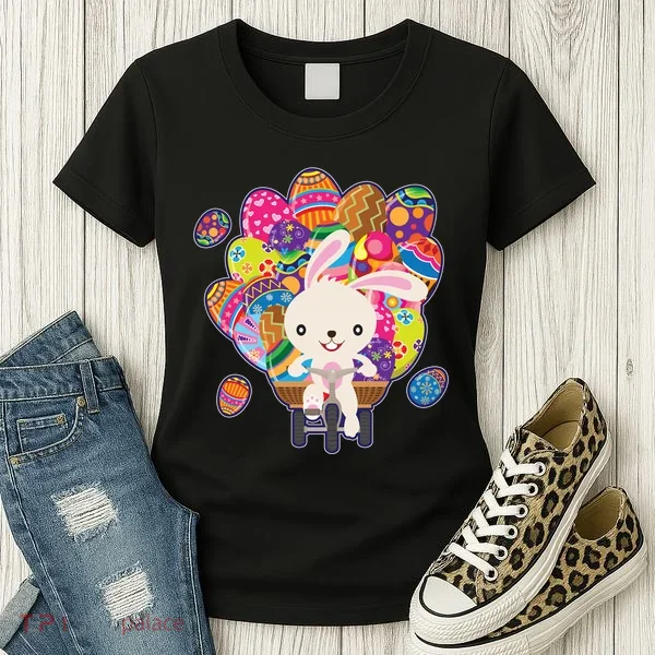 Funny Cute Easter Bunny On Bike Delivering Easter Eggs Women's T-Shirt