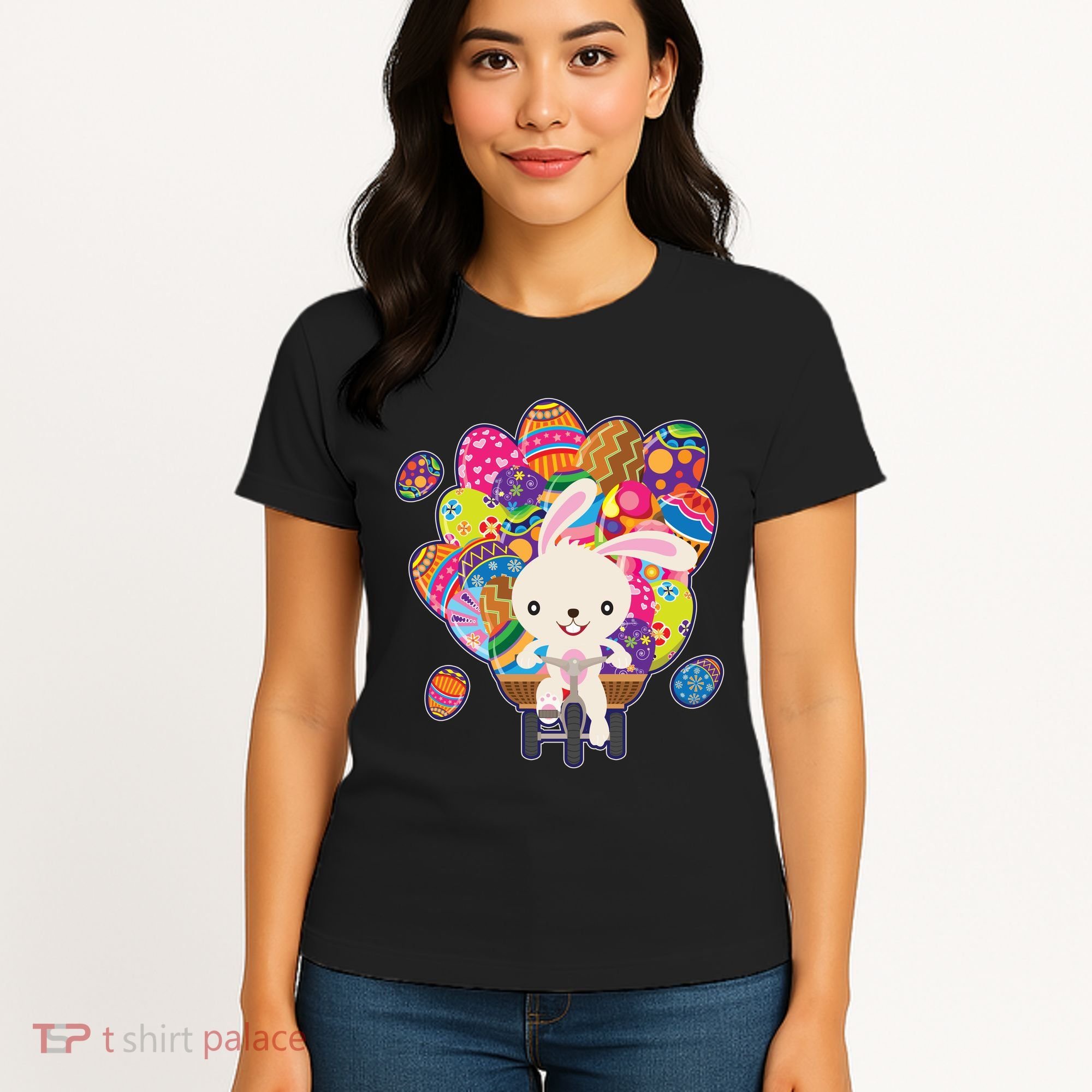 Funny Cute Easter Bunny On Bike Delivering Easter Eggs Women's T-Shirt
