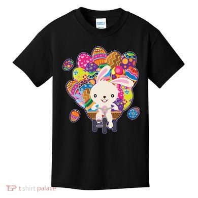Funny Cute Easter Bunny On Bike Delivering Easter Eggs Kids T-Shirt