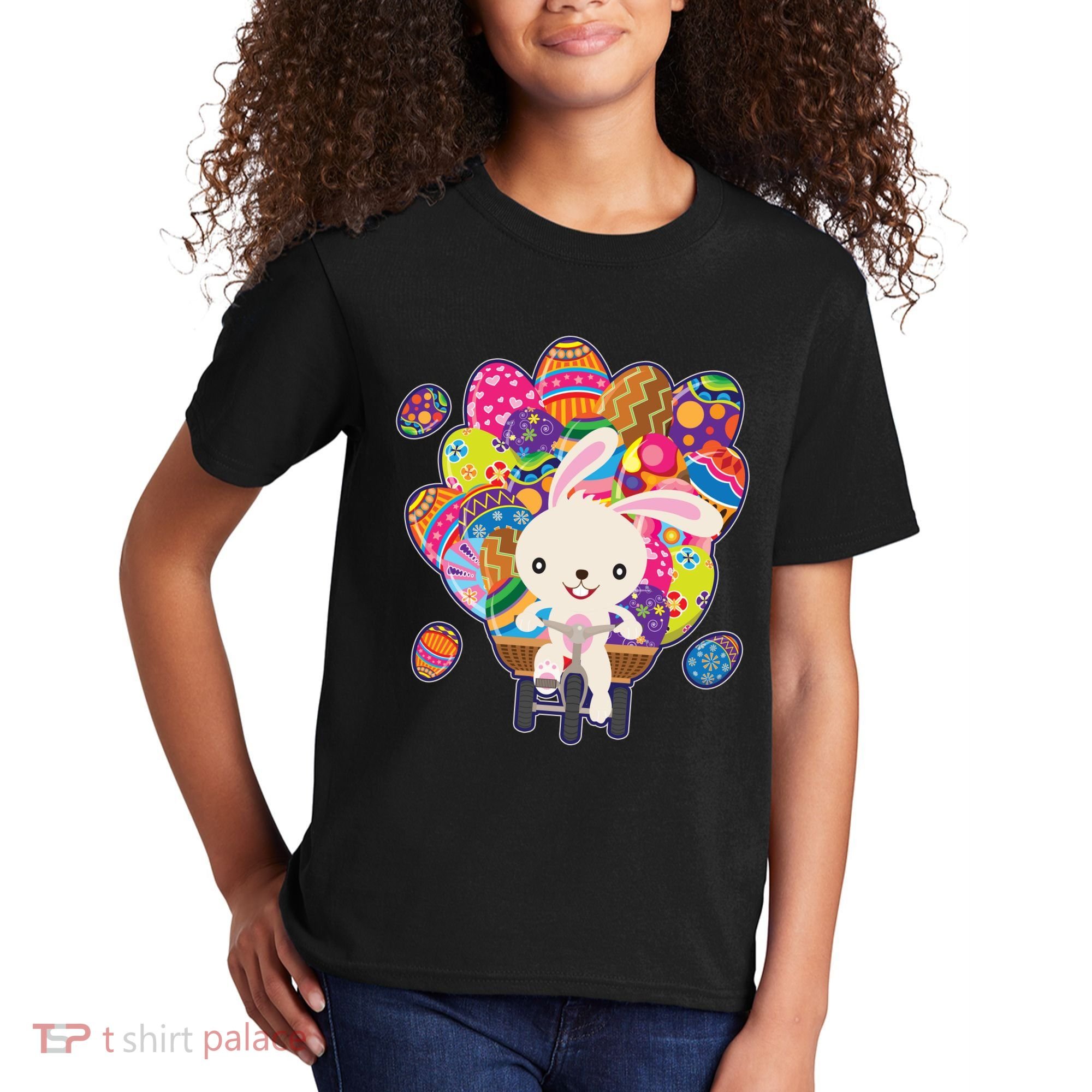 Funny Cute Easter Bunny On Bike Delivering Easter Eggs Kids T-Shirt