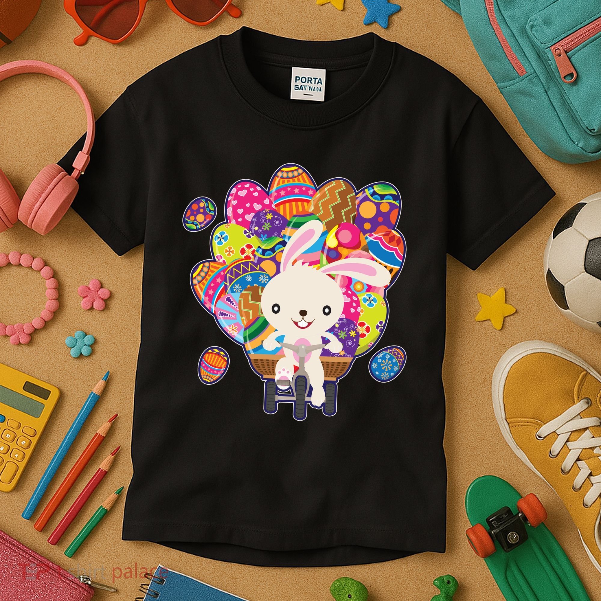 Funny Cute Easter Bunny On Bike Delivering Easter Eggs Kids T-Shirt
