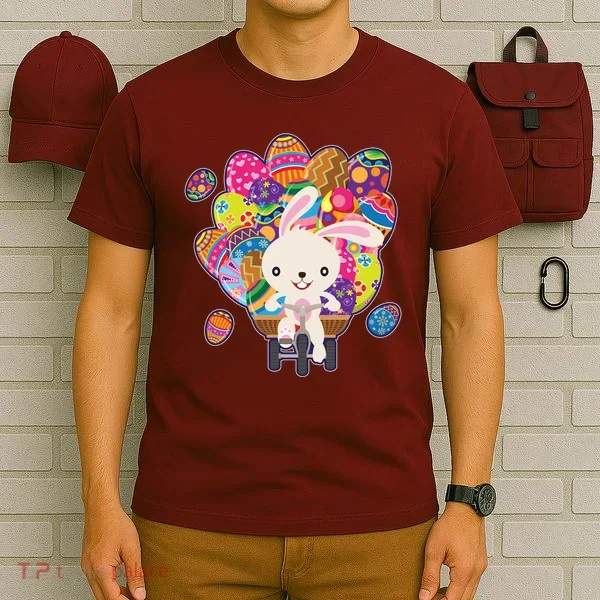 Funny Cute Easter Bunny On Bike Delivering Easter Eggs T-Shirt