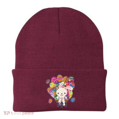 Funny Cute Easter Bunny On Bike Delivering Easter Eggs Beanie