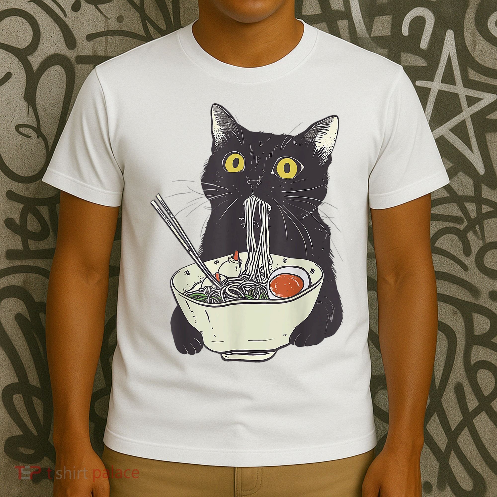 Funny Cat Eating Ramen Vintage Japanese Noodles T-Shirt