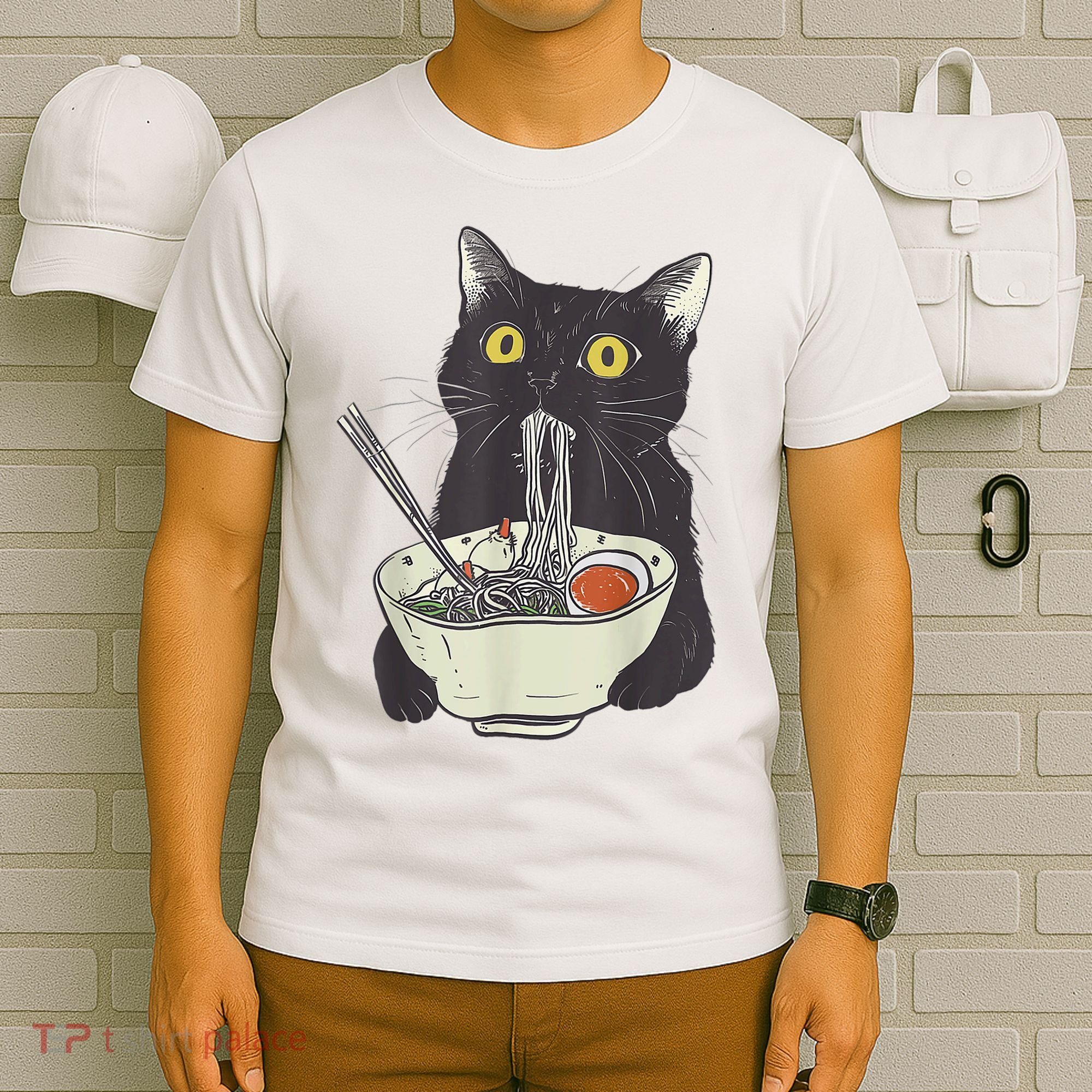 Funny Cat Eating Ramen Vintage Japanese Noodles T-Shirt