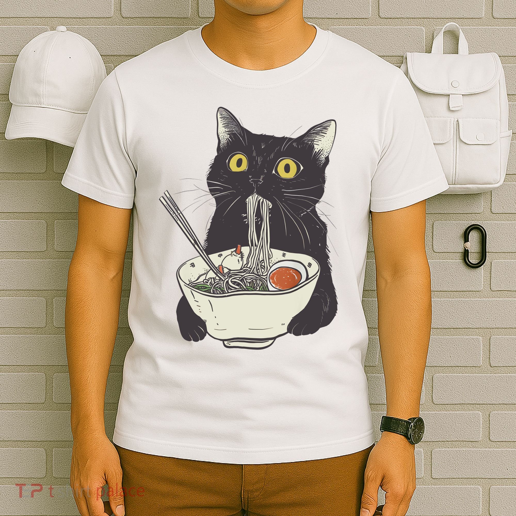 Funny Cat Eating Ramen Vintage Japanese Noodles T-Shirt