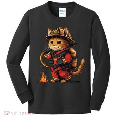 Funny Cat Firefighter Kids Long Sleeve Shirt
