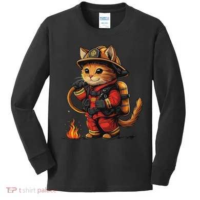 Funny Cat Firefighter Kids Long Sleeve Shirt