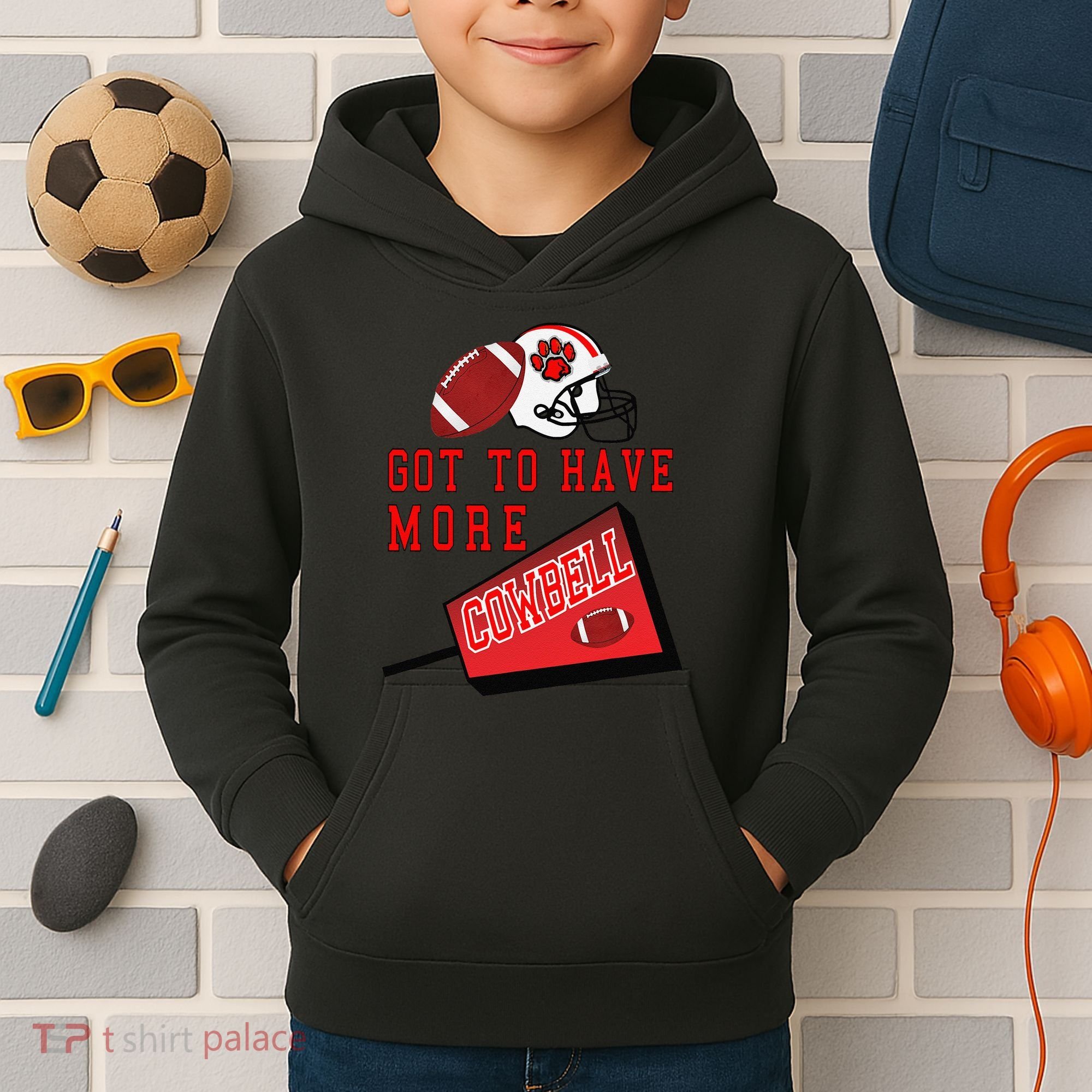 Football Cowbell Kids Hoodie