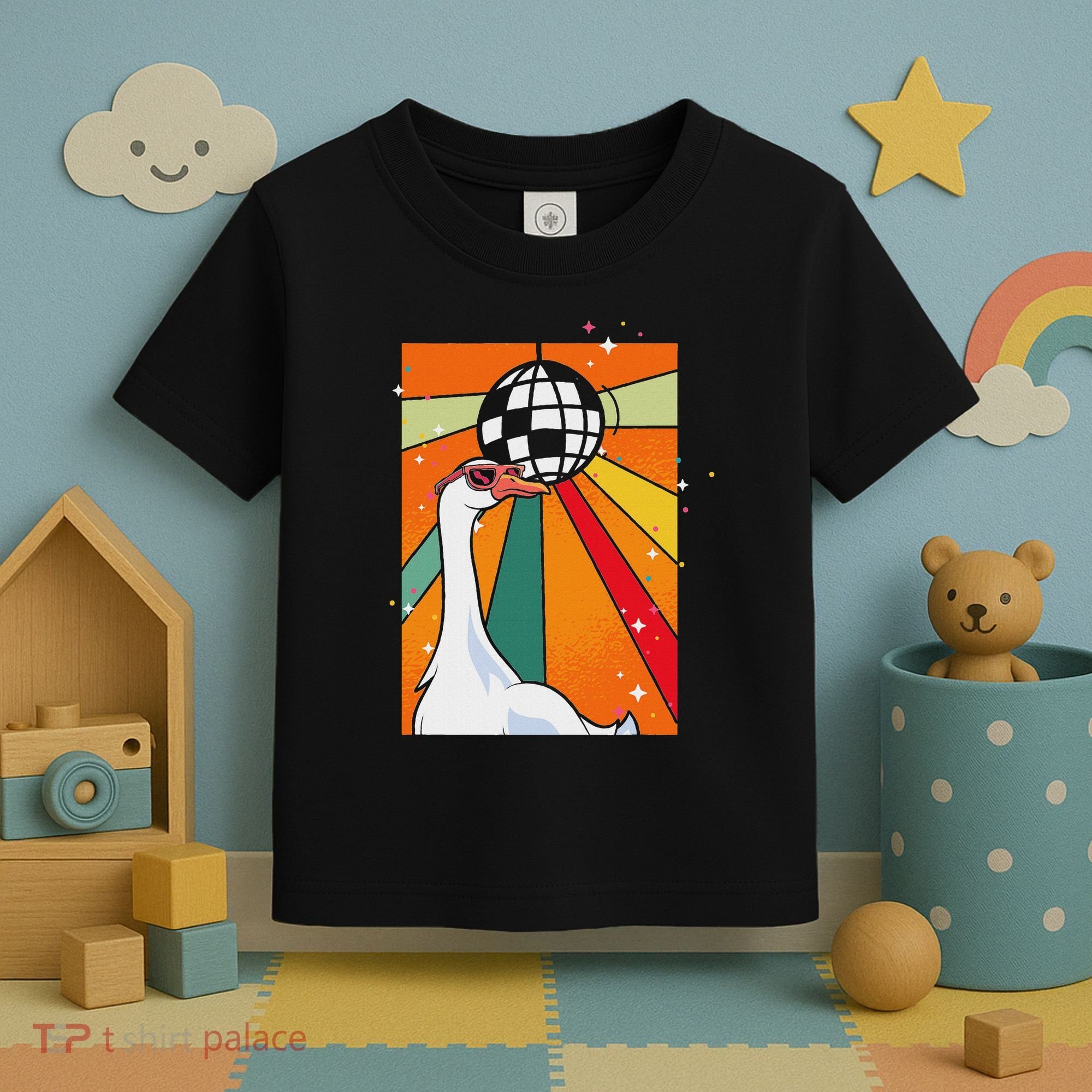 Funny Cool Farm Animal Disco Ball Sunglasses Retro Goose Toddler T-Shirt