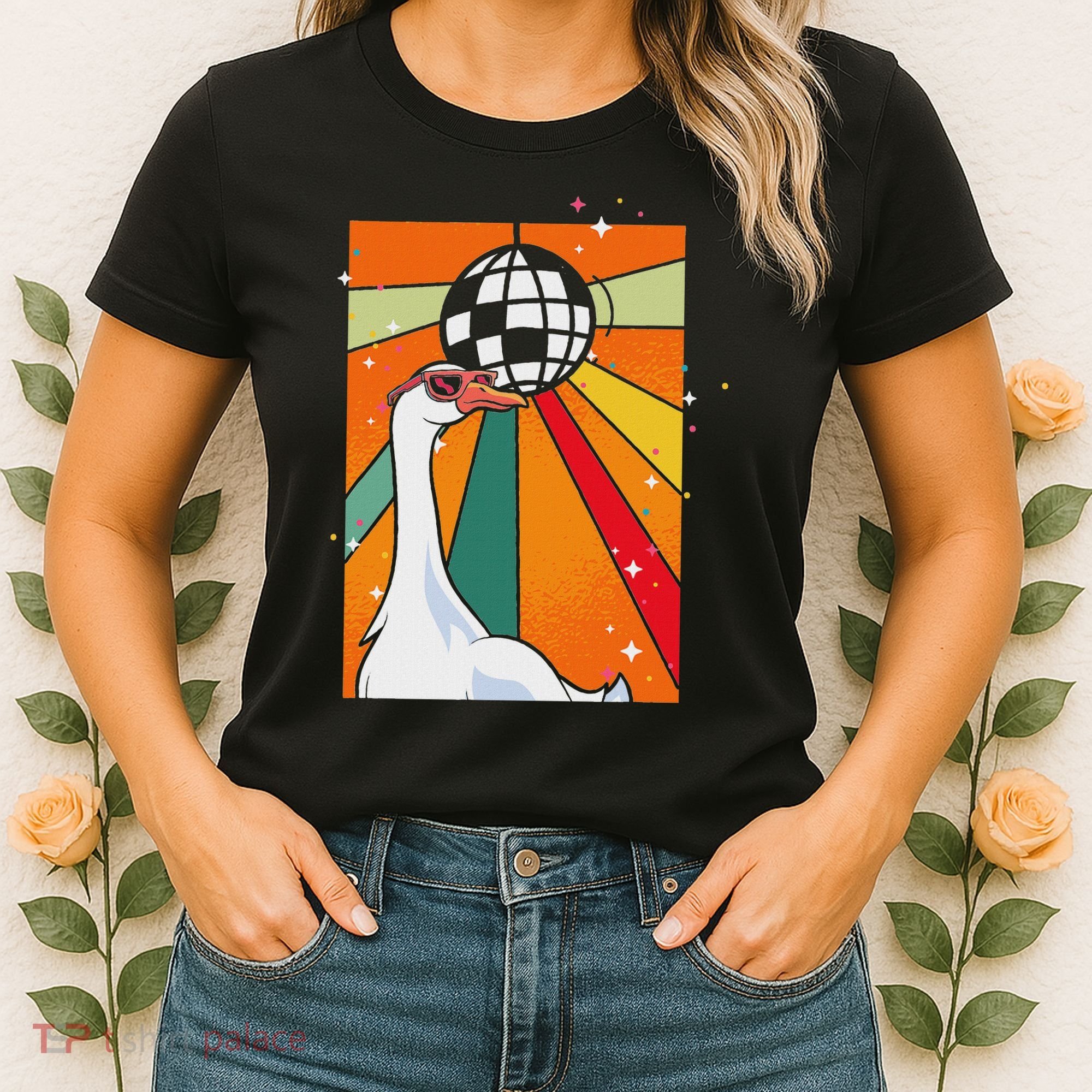 Funny Cool Farm Animal Disco Ball Sunglasses Retro Goose Women's T-Shirt
