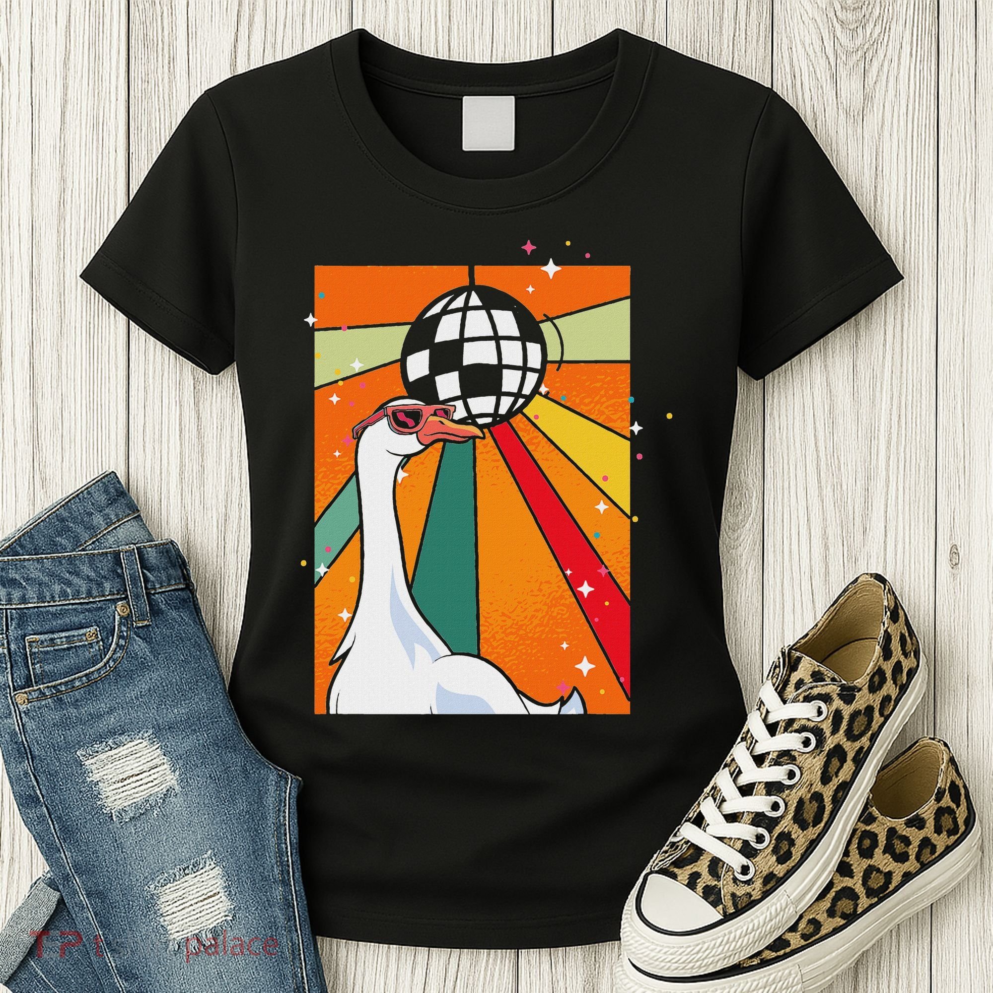 Funny Cool Farm Animal Disco Ball Sunglasses Retro Goose Women's T-Shirt