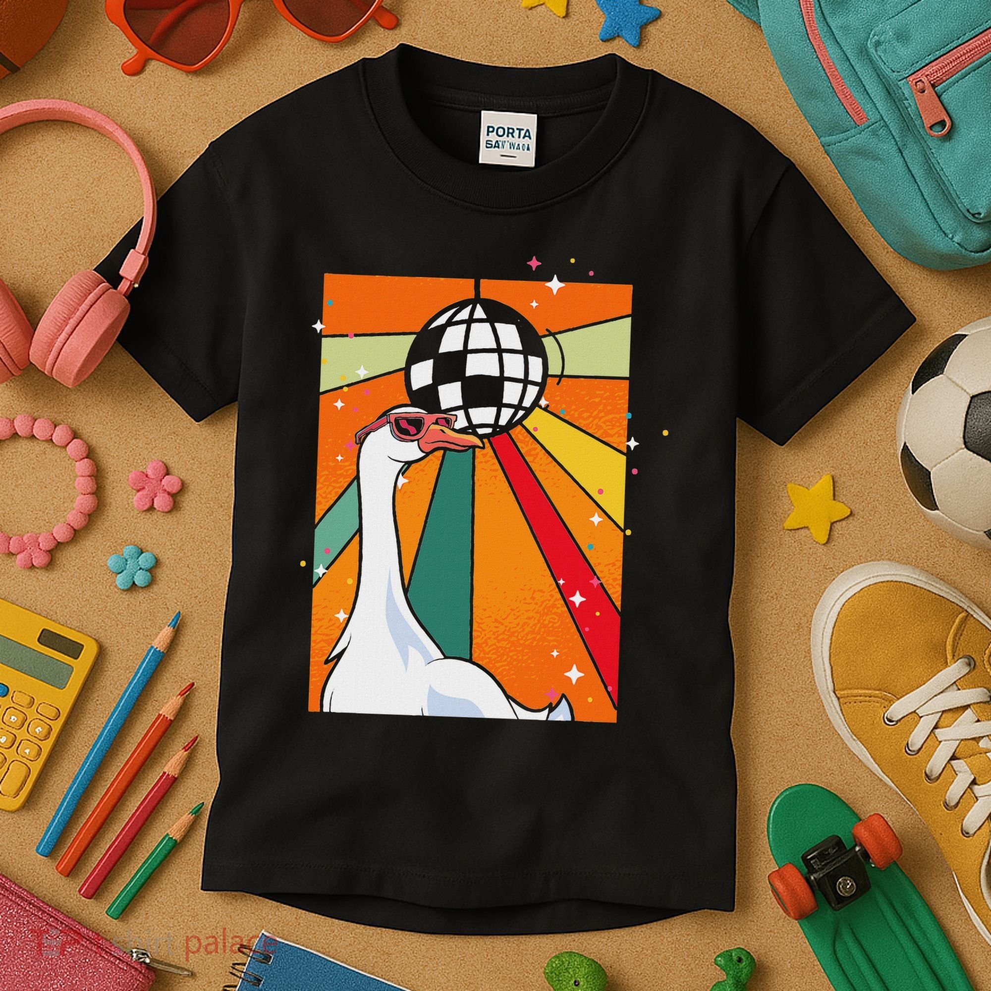 Funny Cool Farm Animal Disco Ball Sunglasses Retro Goose Kids T-Shirt