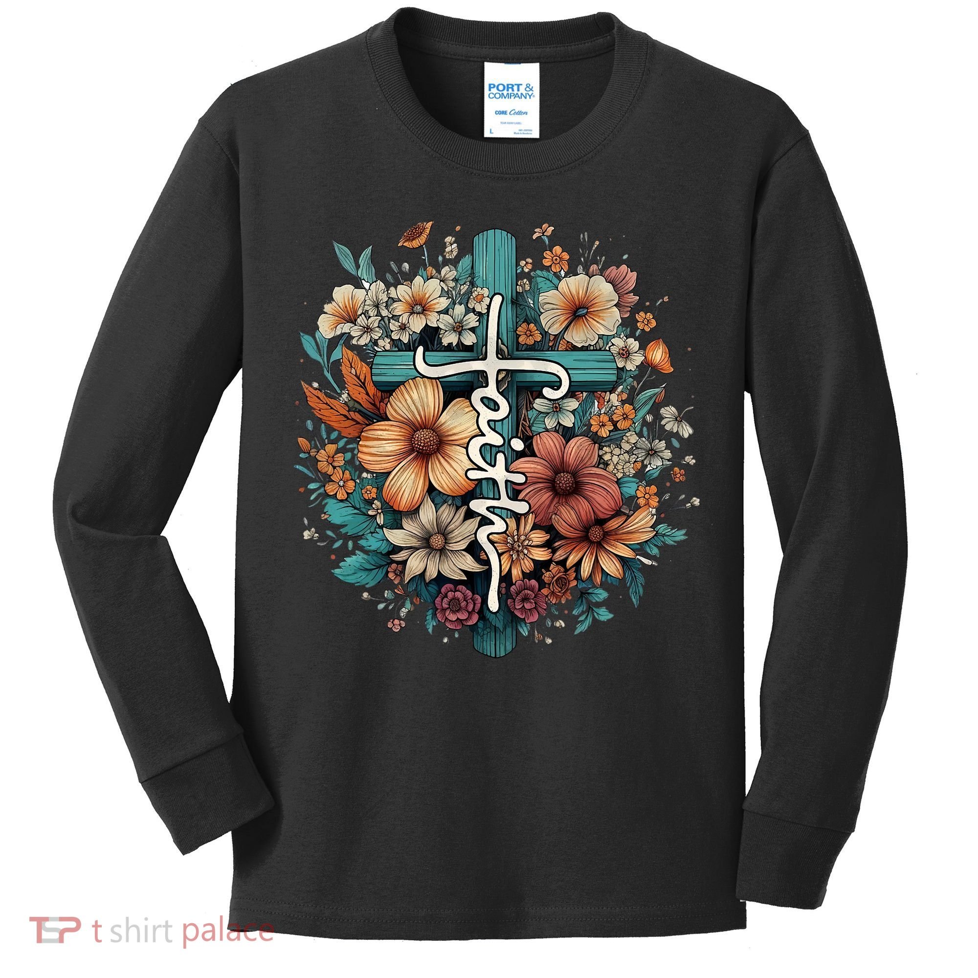 Faith Cross Floral Christian Faith Religious Kids Long Sleeve Shirt