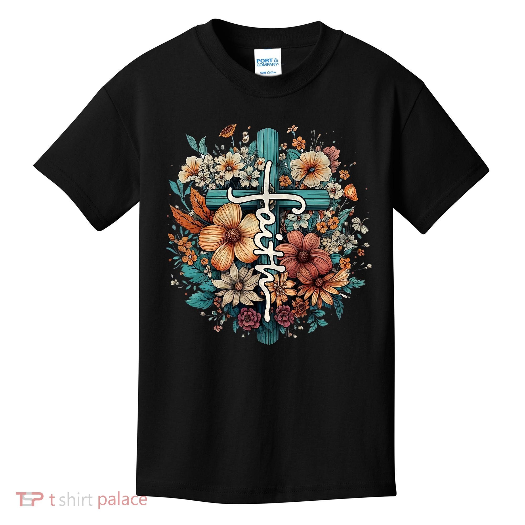 Faith Cross Floral Christian Faith Religious Kids T-Shirt