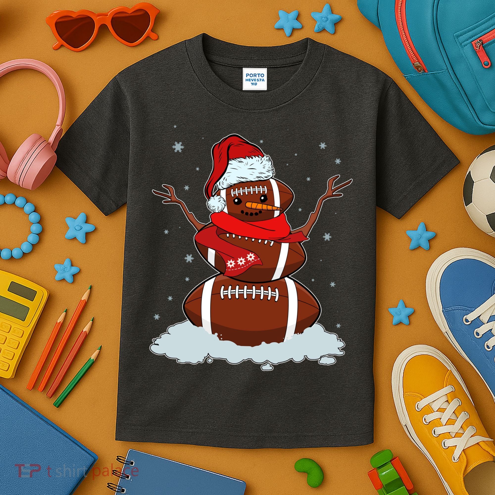 Funny Christmas Football Snowman Kids T-Shirt