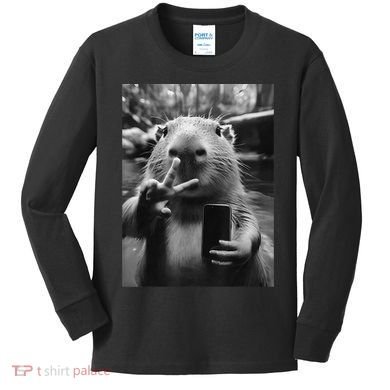 Funny Capybara Gifts Cool Capybara Selfie Kids Long Sleeve Shirt
