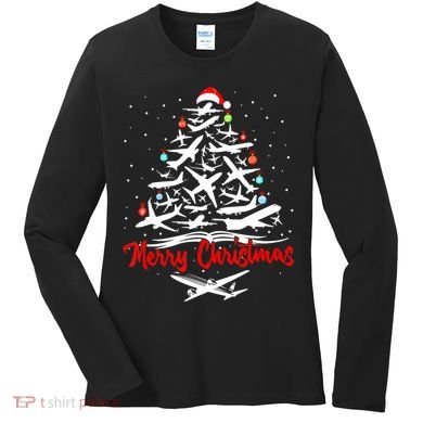 Funny Christmas Gift Airplane Christmas Tree Women's Long Sleeve Shirt
