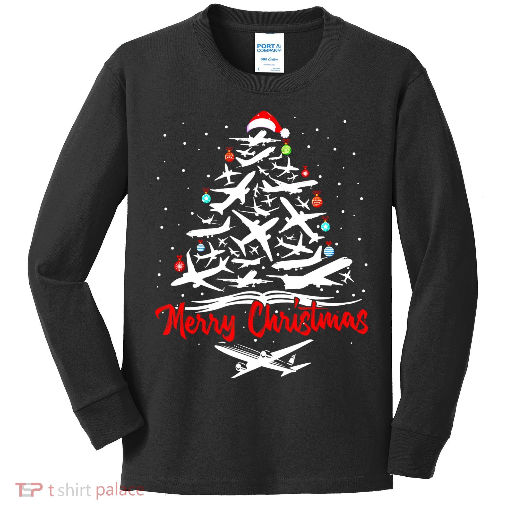Funny Christmas Gift Airplane Christmas Tree Kids Long Sleeve Shirt