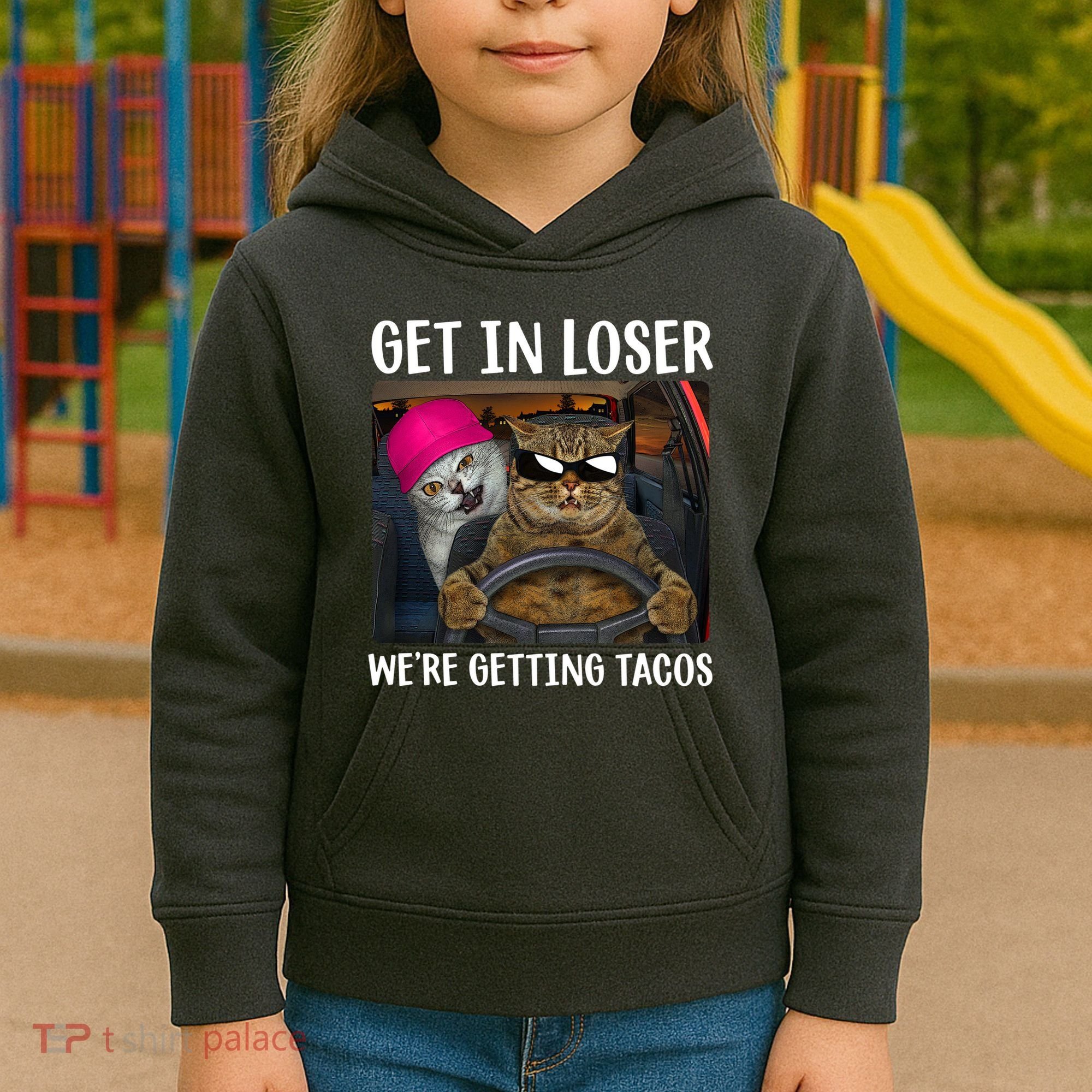 Funny Cats Get In Loser We're Getting Tacos Kids Hoodie