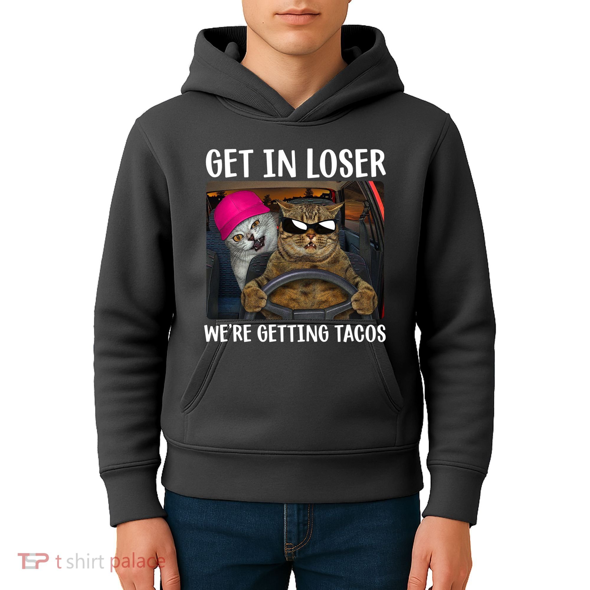 Funny Cats Get In Loser We're Getting Tacos Kids Hoodie