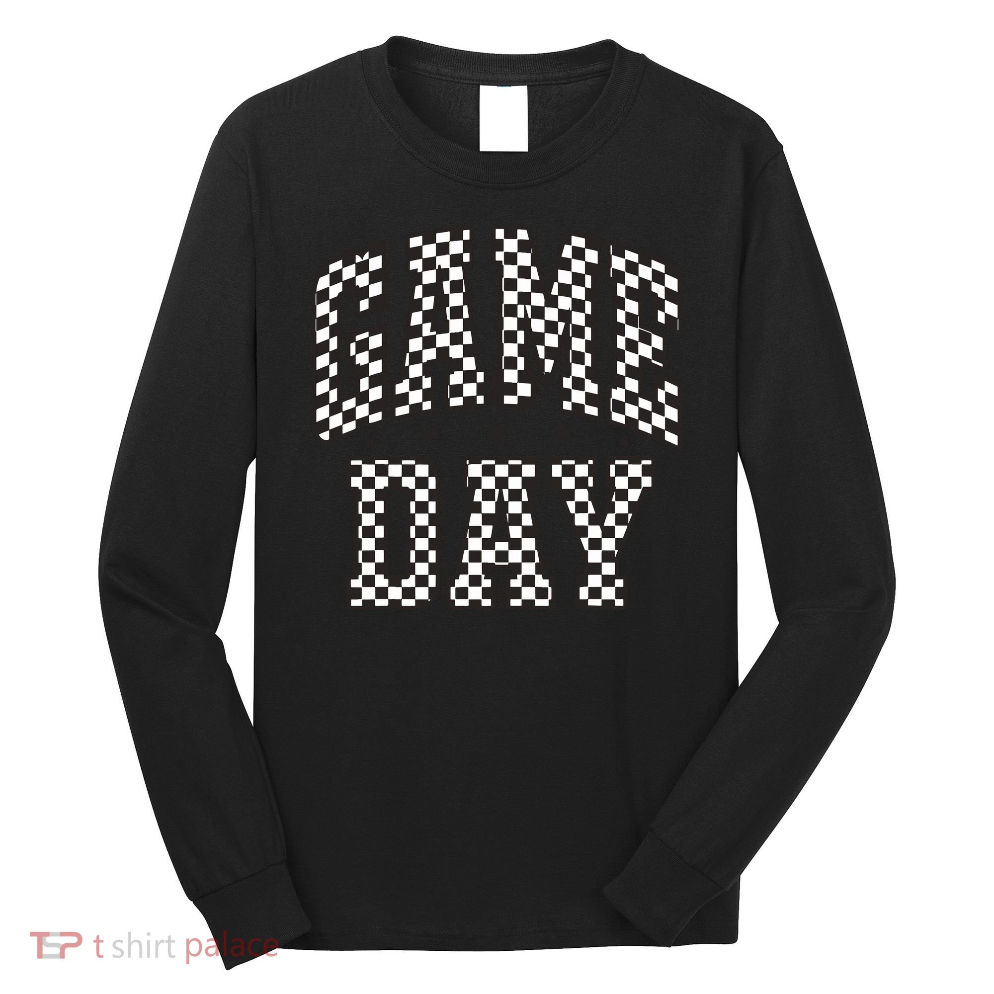Funny Checkered Game Day Football Black White Gift Women Long Sleeve Shirt