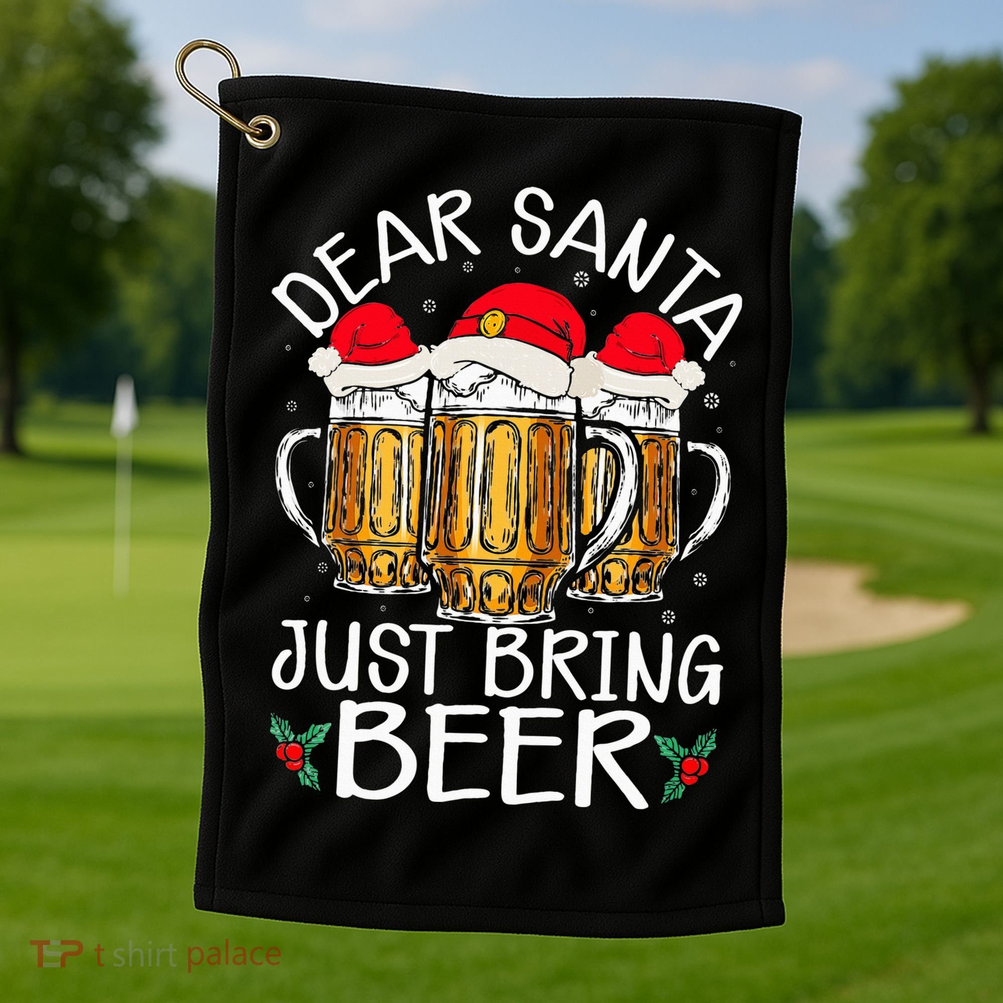 Funny Christmas Hat Dear Santa Bring Beer Festive Golf Towel