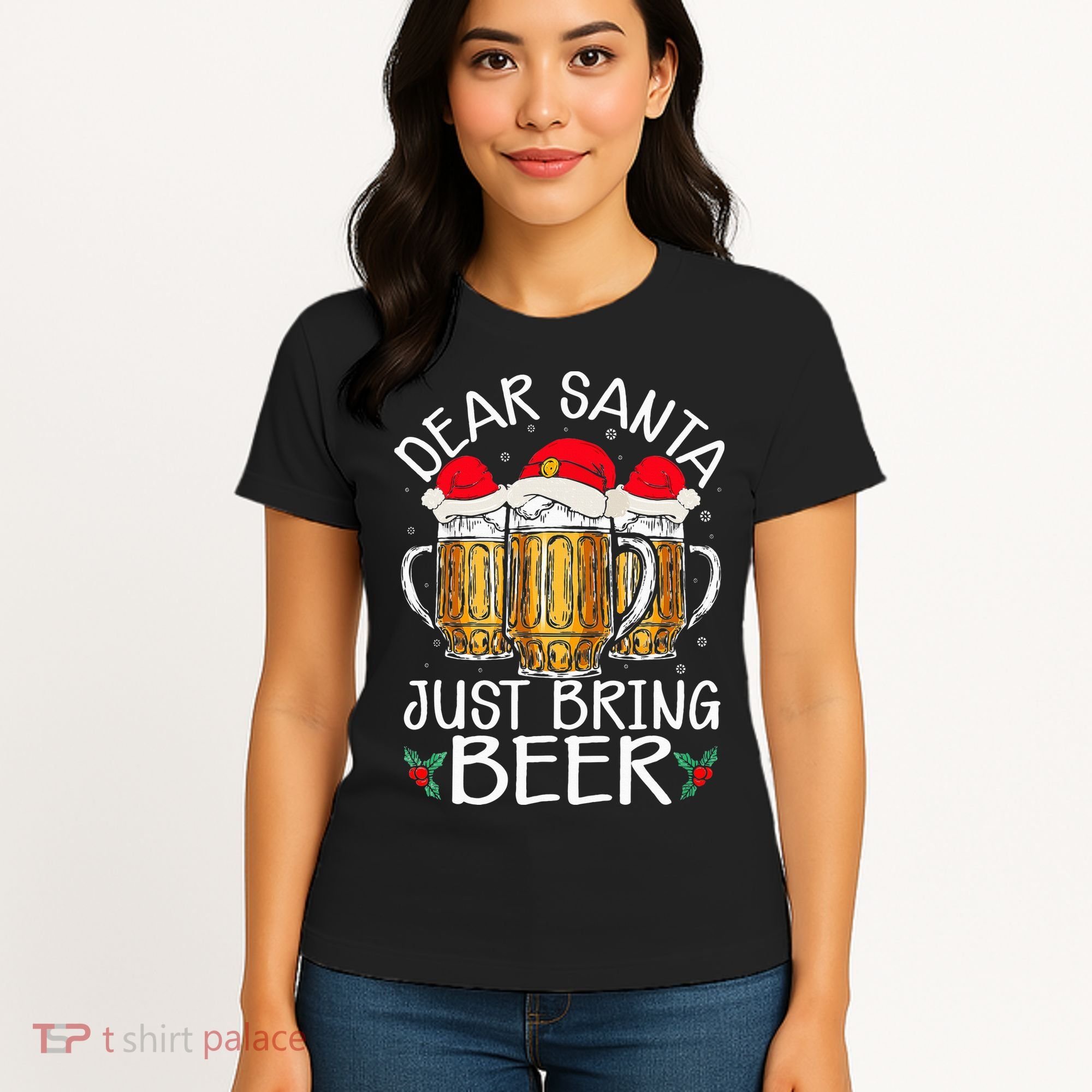 Funny Christmas Hat Dear Santa Bring Beer Festive Women's T-Shirt