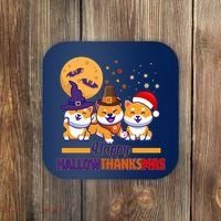Funny Cute Happy HallowThanksMas Shiba Inu Dogs Coaster thumb 0
