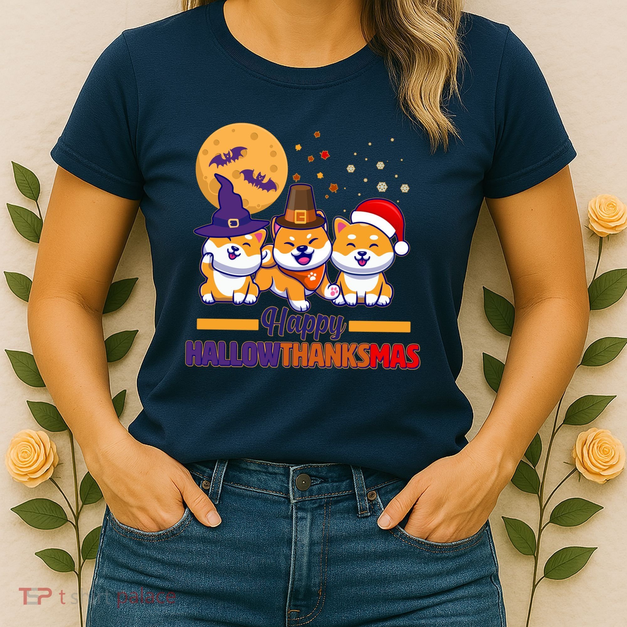 Funny Cute Happy HallowThanksMas Shiba Inu Dogs Women's T-Shirt