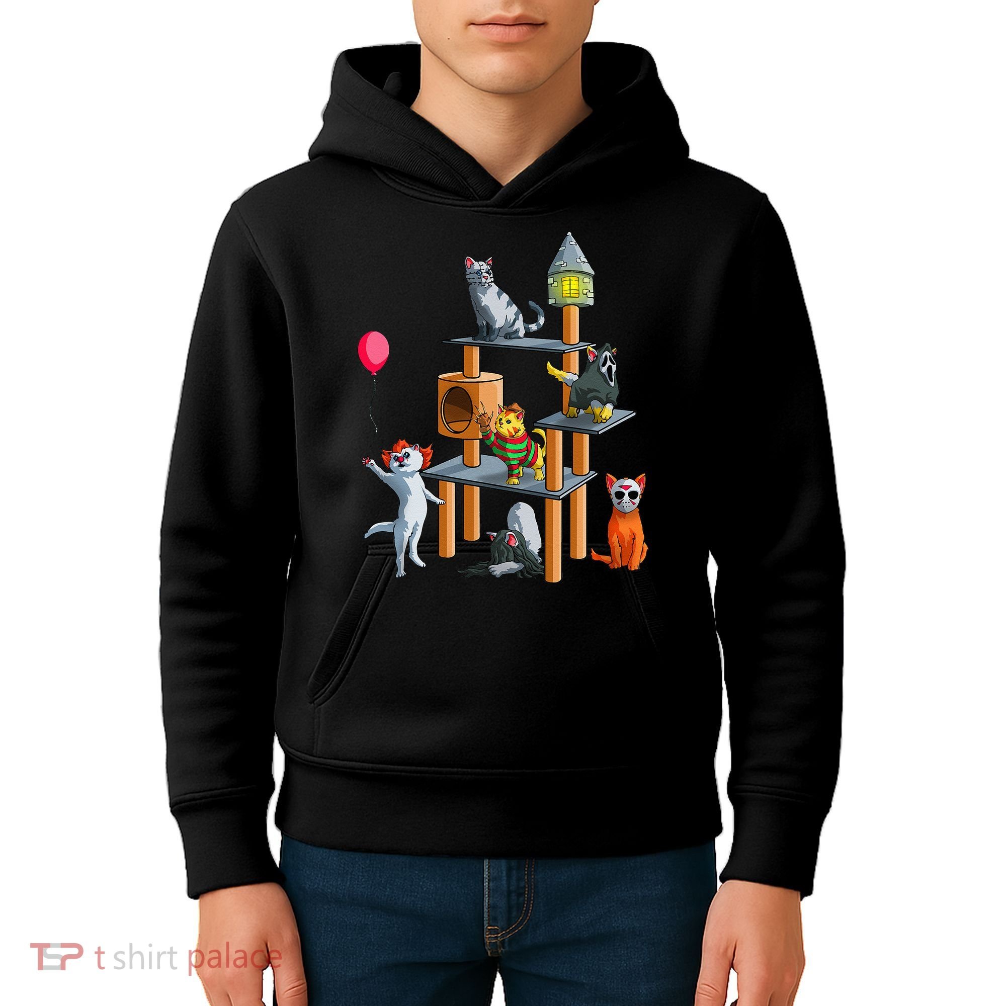 Funny Cat Horror Movies Cute Halloween For Cat Kitty Lovers Kids Hoodie
