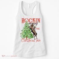 Funny Cowgirl Horsing Rocking Around Christmas Tree Western Women's Tank Top thumb 0