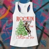 Funny Cowgirl Horsing Rocking Around Christmas Tree Western Women's Tank Top thumb 3
