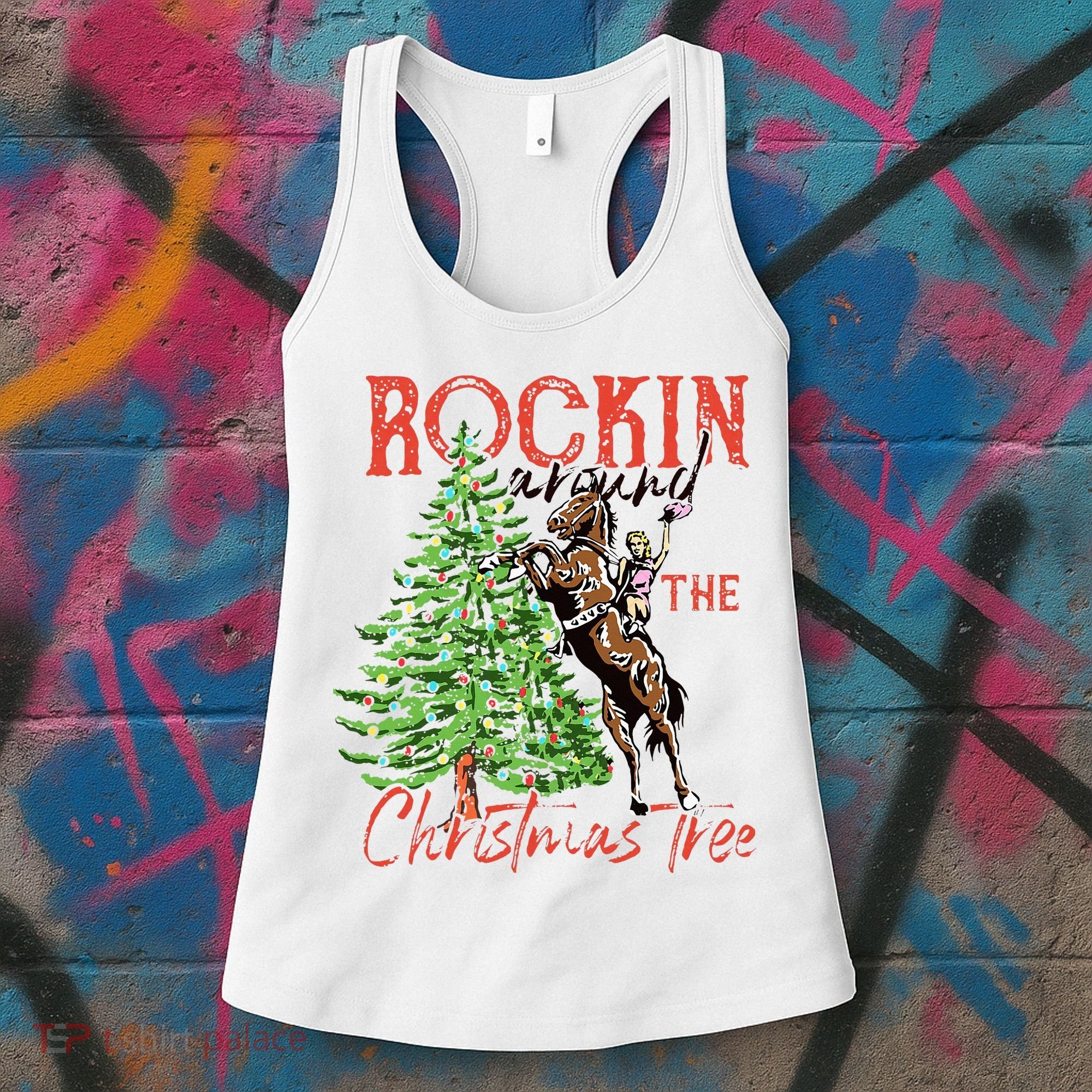 Funny Cowgirl Horsing Rocking Around Christmas Tree Western Women's Tank Top