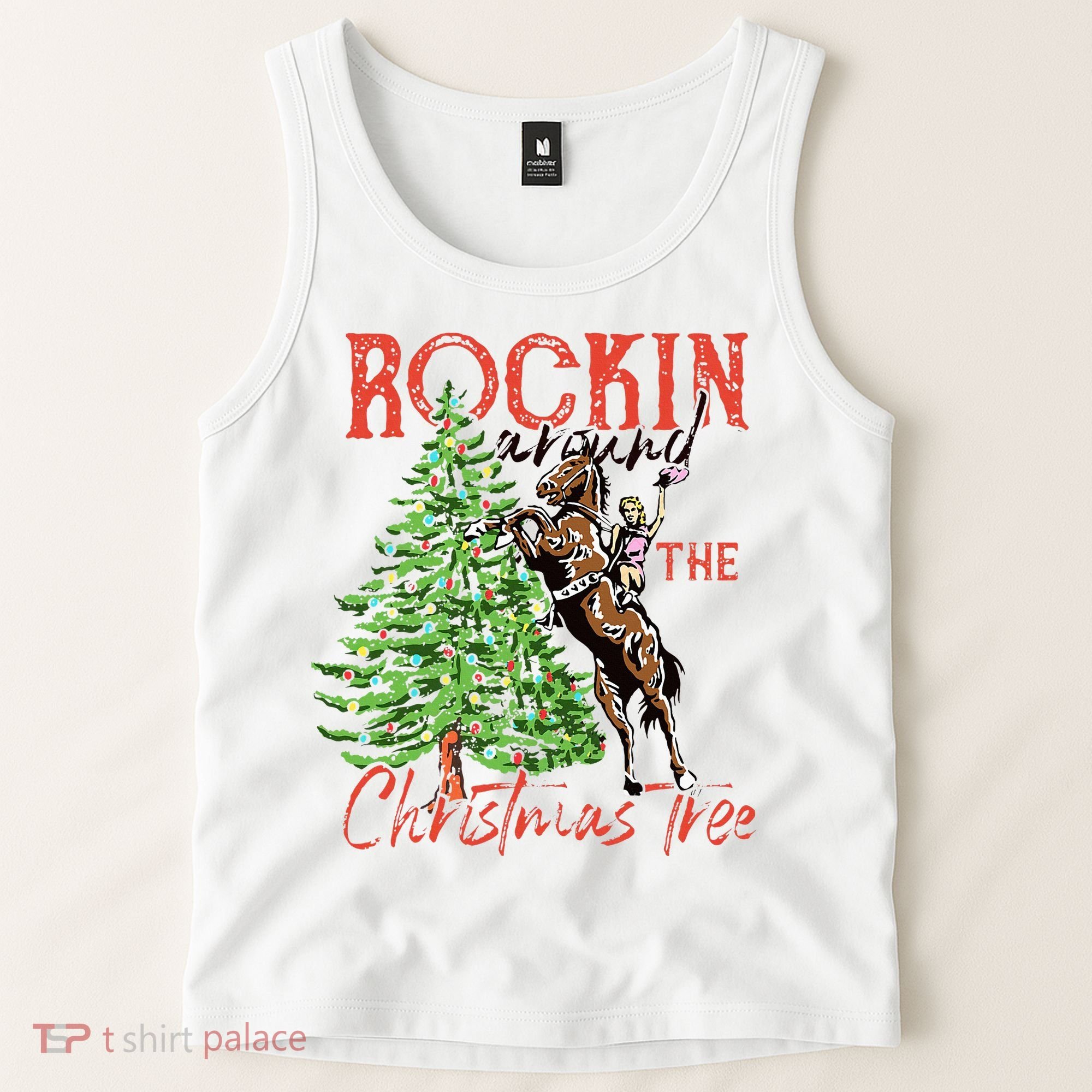 Funny Cowgirl Horsing Rocking Around Christmas Tree Western Tank Top