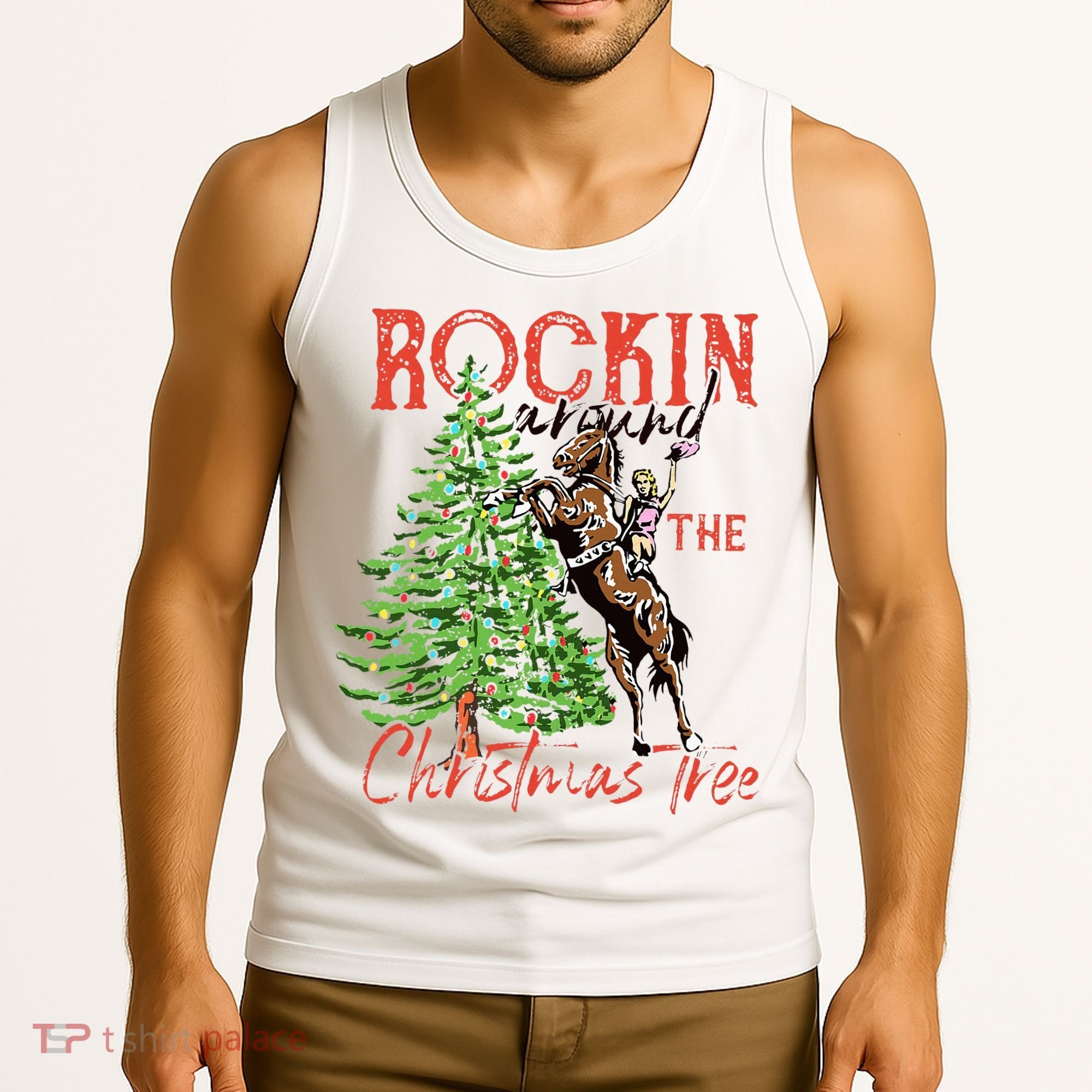 Funny Cowgirl Horsing Rocking Around Christmas Tree Western Tank Top